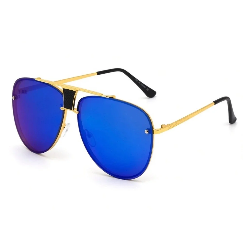 Mens Gold Blue Mirrored Sunglasses Streetwear Luxury Cyberpunk Modern Reflective
